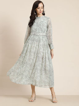 Juniper - Sage Green Floral Printed Chiffon Flared Maxi Dress with Buttons
