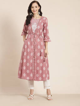Juniper - Powder Pink Ethnic Motif Printed Pure Cotton Jacket Style Women Kurta