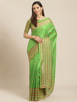 Akhilam - Green Geometric Printed Saree With Unstitched Blouse