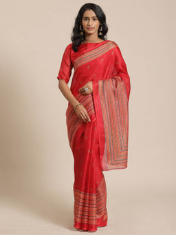 Sareemall - Red Floral Printed Saree With Unstitched Blouse