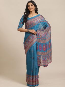 Sareemall - Teal Green Casual Jutt Silk Printed Saree With Unstitched Blouse