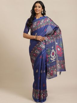 Sareemall - Navy Blue Casual Jutt Silk Printed Saree With Unstitched Blouse