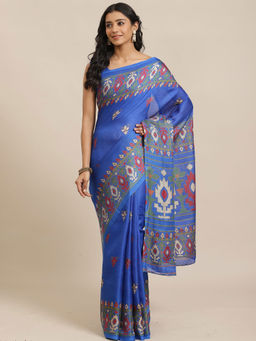 Sareemall - Blue Casual Jutt Silk Printed Saree With Unstitched Blouse