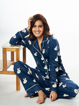 July Nightwear - For Women Navy Aop Velour Shirt - Pyjama- Jv141