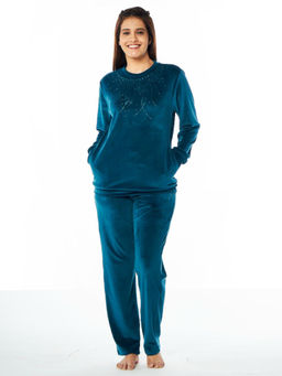 July Nightwear - For Women Teal Velour Tracksuit Round Neck- Jv147