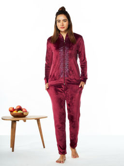 July Nightwear - For Women Maroon Velour Tracksuit Wth Zipper- Jv151