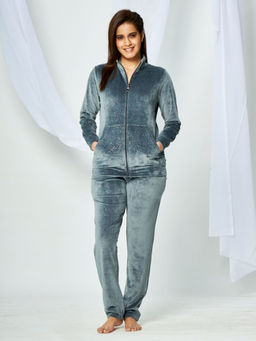 July Nightwear - For Women Grey Velour Tracksuit Wth Zipper- Jv155b