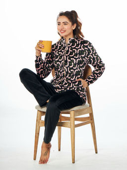 July Nightwear - For Women Black Aop Velour Tracksuit Wth Zipper- Jv156