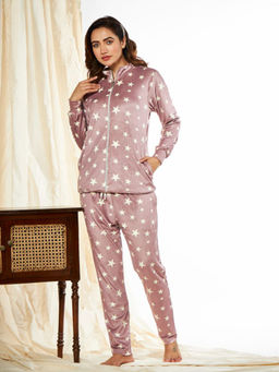 July Nightwear - For Women Mauve Aop Velour Tracksuit Wth Zipper- Jv157