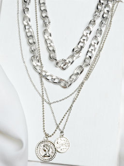Joker and Witch - Chain Link Medallion Layered Silver Necklace