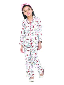 Shopbloom - Rayon White Elephant Print Long Sleeve Night Suit for Girls (Set of 2)