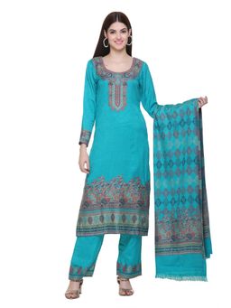 Kidar - Woven Design Unstitched Acrylic Wool Blend Turquoise Dress Material (Set of 3)