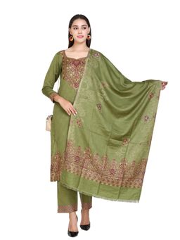 Kidar - Woven Design Unstitched Green Acrylic Wool Blend Dress Material (Set of 3)