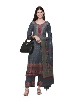 Kidar - Woven Design Unstitched Acrylic Wool Blend Grey Dress Material (Set of 3)