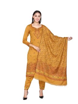Kidar - Woven Design Unstitched Mustard Acrylic Wool Blend Dress Material (Set of 3)
