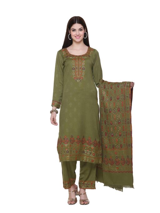Buy Kidar Woven Design Unstitched Acrylic Wool Blend Green Dress Material  (Set of 3) Online