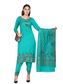 Kidar - Woven Design Turquoise Unstitched Acrylic Wool Blend Dress Material (Set of 3)