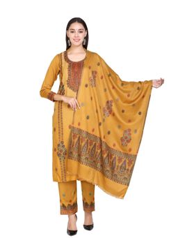Kidar - Woven Design Unstitched Mustard Acrylic Wool Blend Dress Material (Set of 3)