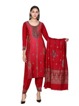 Kidar - Woven Design Unstitched Red Acrylic Wool Blend Dress Material (Set of 3)