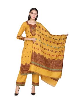Kidar - Woven Design Mustard Unstitched Acrylic Wool Blend Dress Material (Set of 3)