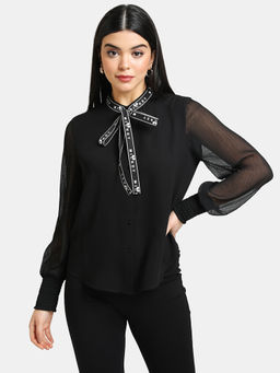 Kazo - Black Solid Mickey Mouse Disney Tape Detailed Top