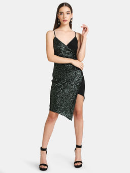 Kazo - Black Embellished Sequin Wrap Mini Dress