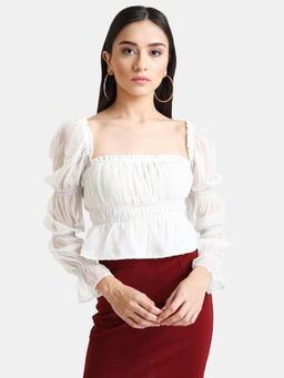 Kazo - White Solid Puff Sleeve Top with Elastic
