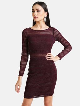 Kazo - Maroon Solid Patterned Lace Mini Dress