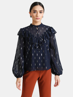 Kazo - Navy Blue Solid Ruffle Detail Top with Lurex