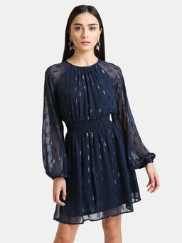 Kazo - Navy Blue Solid Fit & Flare Mini Dress with Lurex