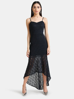 Kazo - Navy Blue Solid Lace High Low Maxi Dress