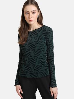 Kazo - Green Stripes Flocked Mesh Lettuce Hem Top