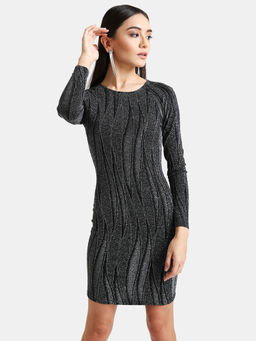Kazo - Black Solid Patterned Lurex Knit Bodycon Dress