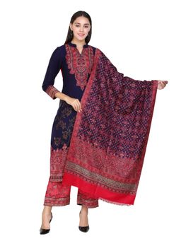 Kidar - Woven Design Unstitched Acrylic Wool Blend Blue Dress Material (Set of 3)