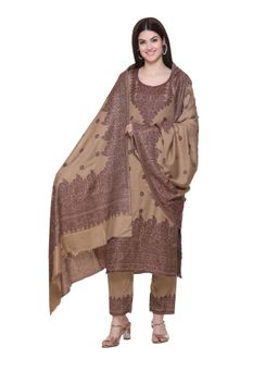 Kidar - Woven Design Unstitched Acrylic Wool Blend Beige Dress Material (Set of 3)