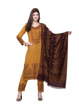 Kidar - Woven Design Unstitched Acrylic Wool Blendmustard Dress Material (Set of 3)