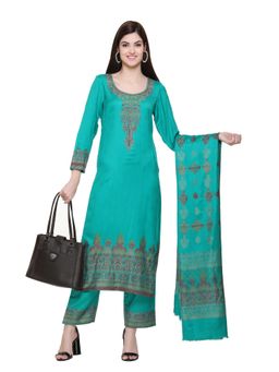 Kidar - Woven Design Unstitched Acrylic Wool Blend Turquoise Dress Material (Set of 3)