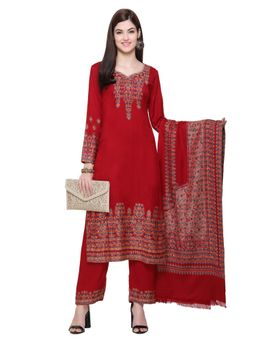 Kidar - Woven Design Unstitched Acrylic Wool Blend Maroon Dress Material (Set of 3)
