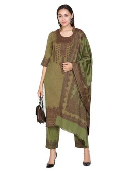 Kidar - Woven Design Unstitched Acrylic Wool Blend Green Dress Material (Set of 3)