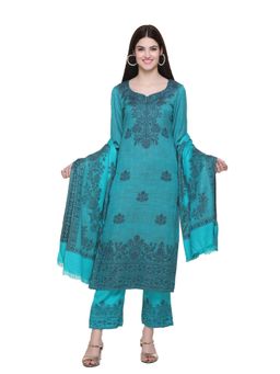 Kidar - Woven Design Unstitched Acrylic Wool Blend Blue Dress Material (Set of 3)