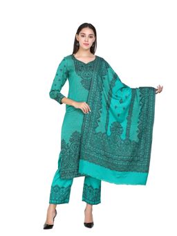 Kidar - Woven Design Unstitched Acrylic Wool Turquoise Blend Dress Material (Set of 3)