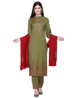 Kidar - Woven Design Unstitched Acrylic Wool Blend Greendress Material (Set of 3)