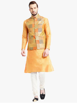 KISAH - Men Multi Coloured Printed Silk Blend Kurta Jacket Churidar Set with