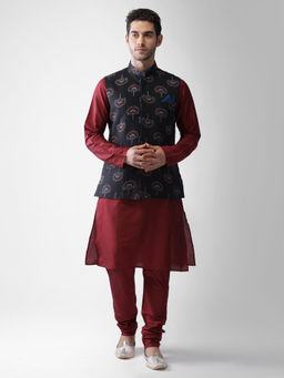 KISAH - Men Maroon Kurta Jacket (Set Of 3)