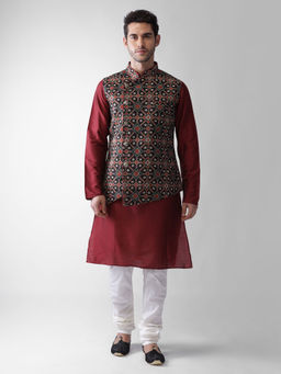 KISAH - Maroon Kurta with Churidhar and Black Jacket (set Of 3)