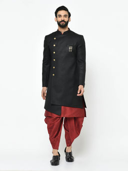 KISAH - Black Kurta & Sherwani With Dhoti (Set of 3)