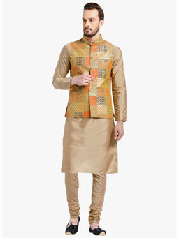 KISAH - Kurta And Churidar With Orange Nehru Jacket (Set of 3)