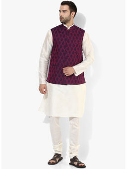 KISAH - Kurta And Churidar With Navy Blue Nehru Jacket (Set of 3)
