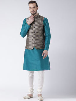 KISAH - Navy Blue Solid Kurta with Churidar and Nehru Jacket (Set of 3)
