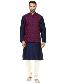 KISAH - Kurta And Churidar With Navy Blue Nehru Jacket (Set of 3)